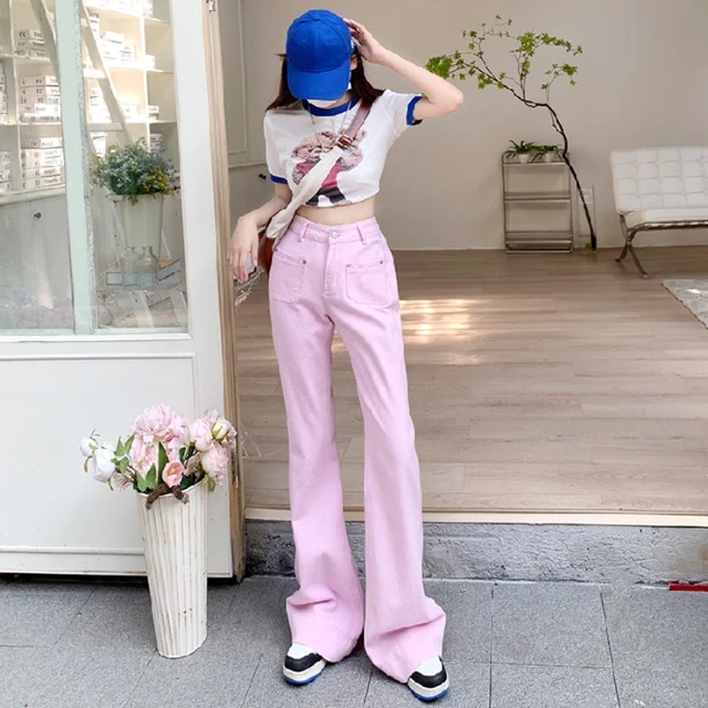 Pink Flared Jeans Women Japanese Cute Baggy Boyfriend Full Length Vintage  Denim Pants 2022 New Long Female Trousers Y2k - Jeans - AliExpress