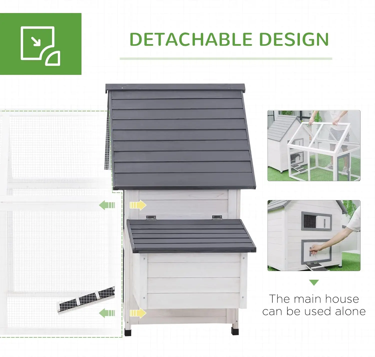 65" Chicken Coop Wooden with Detachable Run, Outdoor Chicken House Poultry Cage Hen with Nesting Box, Removable Tray, 6