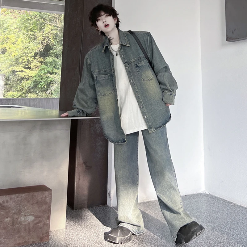 

SYUHGFA Men's Denim Set Autumn Male Clothing Loose Vintage Denim Shirt Wide Leg Baggy Jeans Trend Two Piece 2024 New Suits