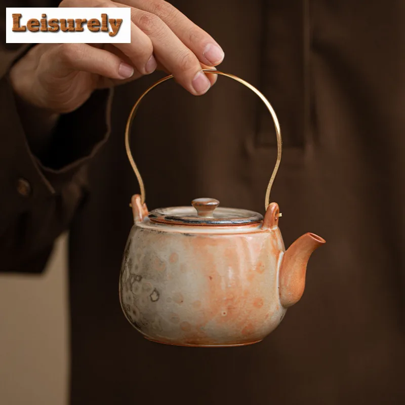 Kiln Fambe Hoop Handle Teapot Aesthetic Tea Infuser Pot Tea Maker Kettle With Ball Hole Flower Tea Chinese Tea Set Collection