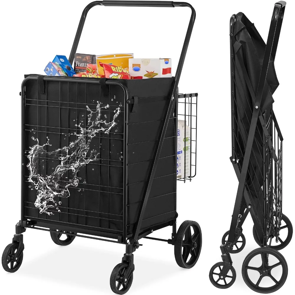 

Folding Shopping Cart 330lbs Heavy Duty Rolling Grocery Cart with Water Resistant Removable Double Baskets Utility Trolley,Black