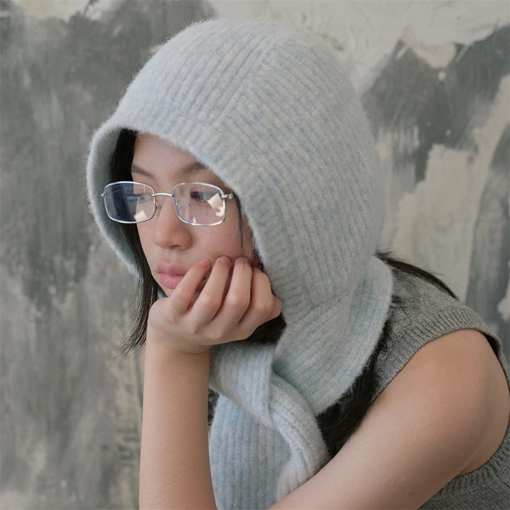 Women's Warm Hooded Headscarf Winter Knitted Soft Windproof Hats Wool Unisex Outdoor Lock Temperature Caps Clothing Accessories 5