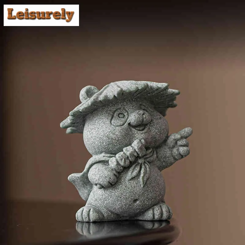 Cyan Sand Stone Panda Tea Pet Vintage Lucky Model Tea Figurine Play Toys Tea Statue Ornaments Tableware Accessories Collection