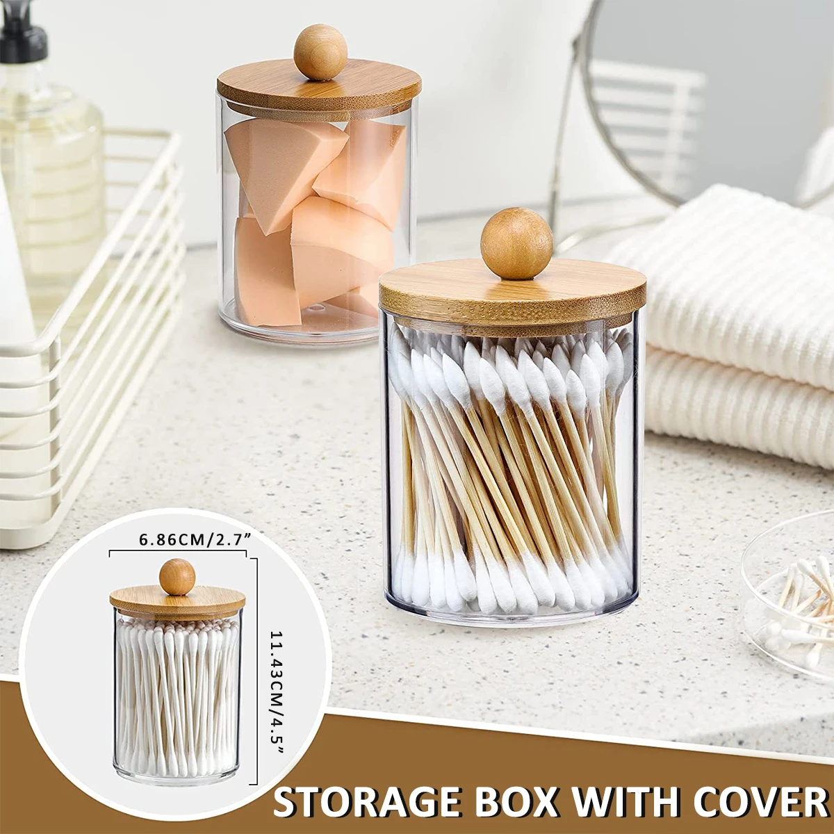 3Pcs Holder Dispenser with Bamboo Lids Clear Acrylic Bathroom Jars with Tray Cotton Swab Storage Dispenser Reusable cotton swab holder