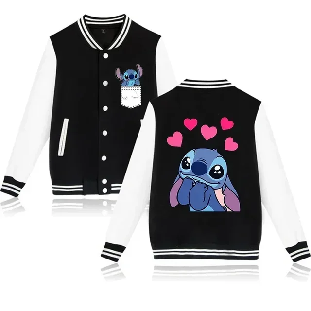 

2024 Disney Hoodie Lilo Stitch Baseball Jacket Women Sweatshirt Christmas kawaii Jackets Streetwear Loose College Coats