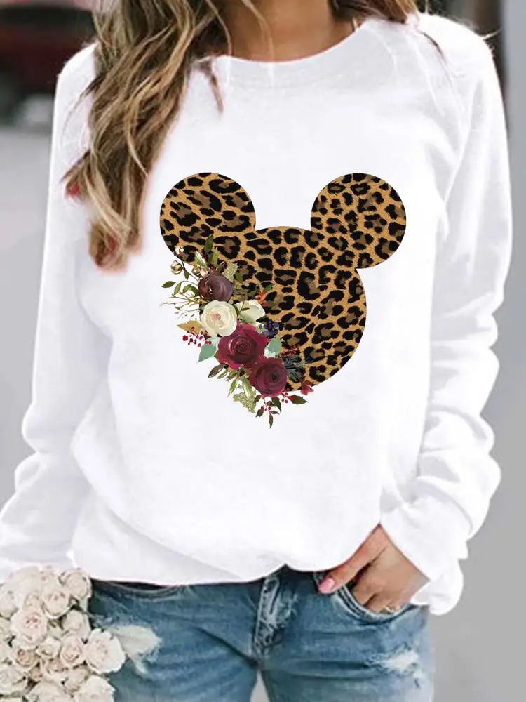 

Flower Leopard Ear Head Cute Women Fashion Pullovers Holiday Cartoon Autumn Spring Print Casual Lady Female Graphic Sweatshirt
