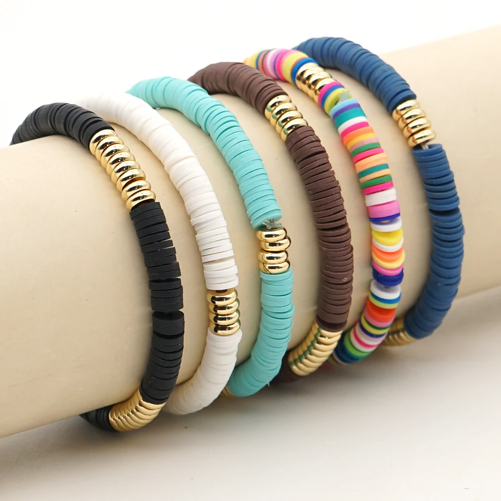 Go2Boho Heishi Clay Disc Beaded Bracelet Autum Winter For Women Fashion Fall Jewelry Gold Color Holiday Gift beaded bracelet