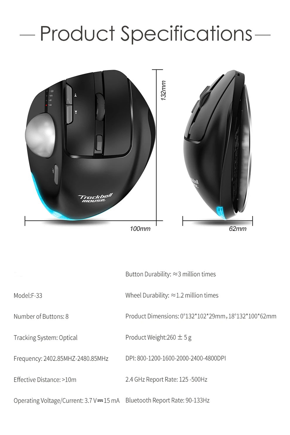 Ergonômico Recarregável Rollerball Mice, Conexão de 3