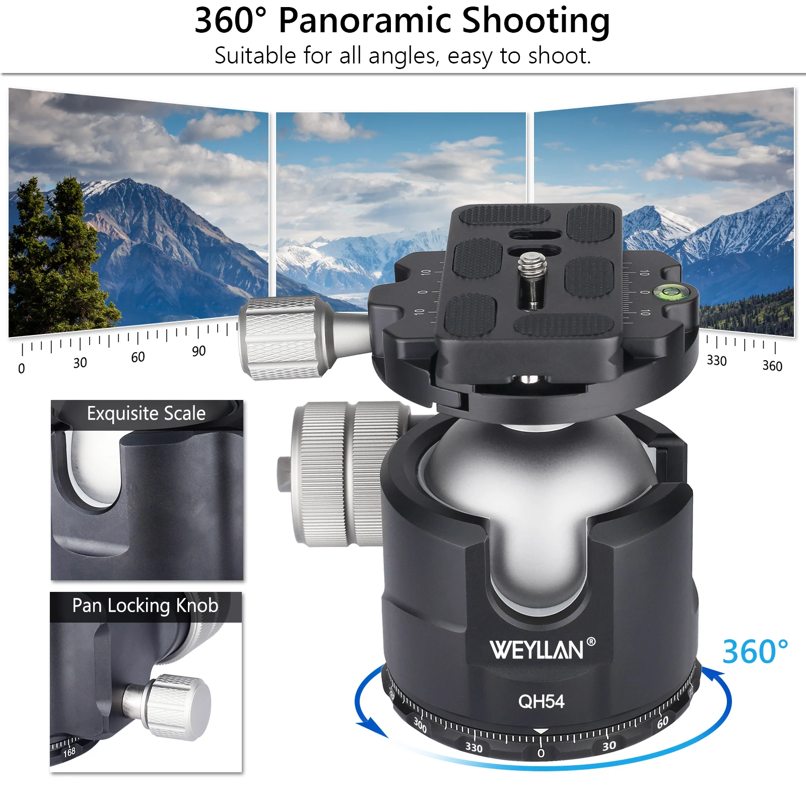 QB54 Tripod Head Professional 54mm Heavy Duty Metal Ball Head 360° Panoramic Cam
