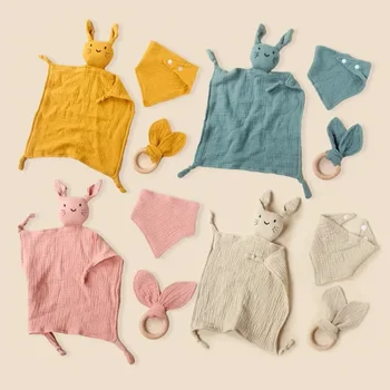 3 pezzi Set bavaglino in mussola di cotone bambola di coniglio farcito asciugamano per placare neonato coperta di sicurezza bambino che dorme coccole asciugamano massaggiagengive