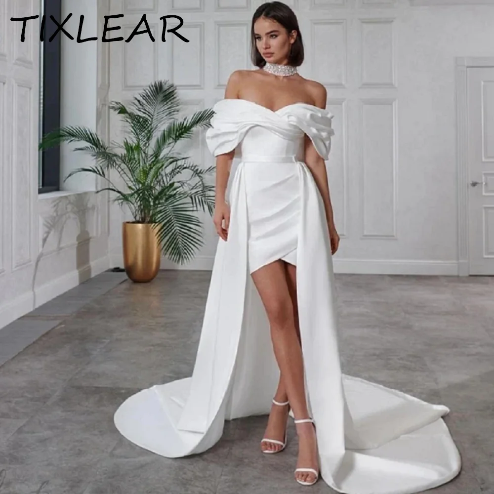 

TIXLEAR Sheath Wedding Dress Above Knee Dresses Length Off-the-shoulder Neckline Ruched Asymmetrical Hems Vestidos De Novia