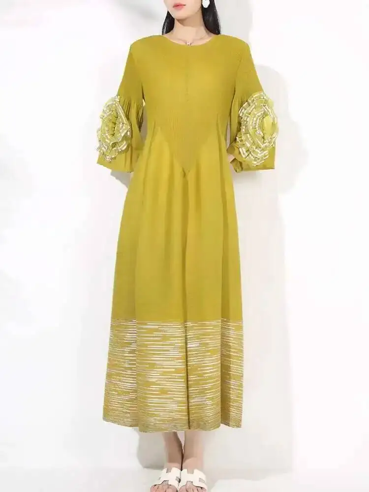 LANMREM Women's High-end Fashion Dress With Flower Ruffles Sleeves Round Neck Loose Big Size Long Dresses 2025 New 2DB1142 - Image 2