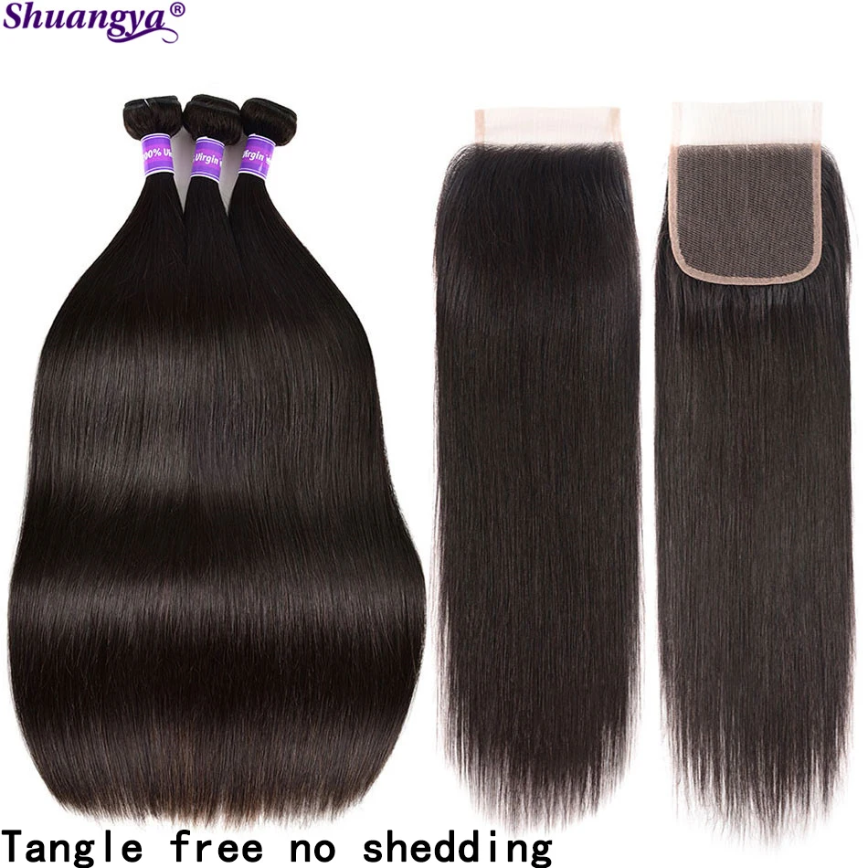 Pacotes de cabelo humano em linha reta com fechamento remy extensรตes do cabelo humano shuangya