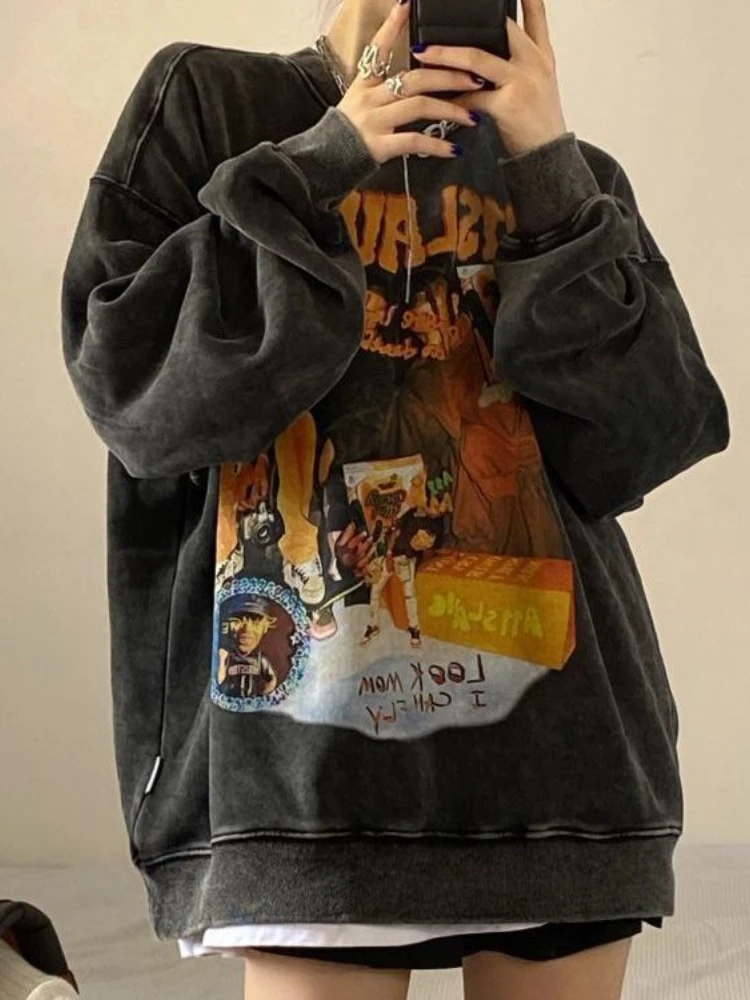 

Deeptown Hip Hop Grunge Graphic Print Hoodies Women Harajuku Vintage Oversized Sweatshirts Loose Casual O-neck Tops Gothic Punk