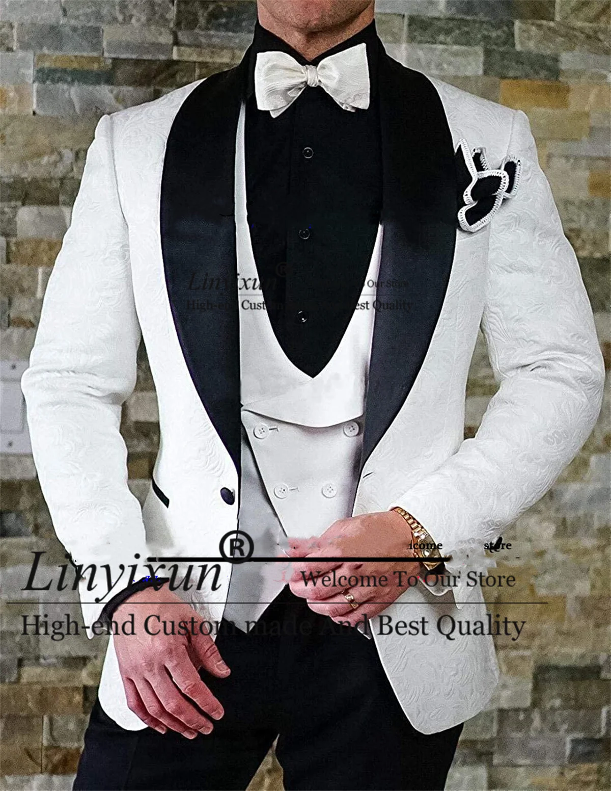 

Ivory Jacquard Wedding Suits For Men Black Shawl Lapel Groom Tuxedos 3 Piece Set Male Prom Blazer Groomsmen Outfit Costume Homme