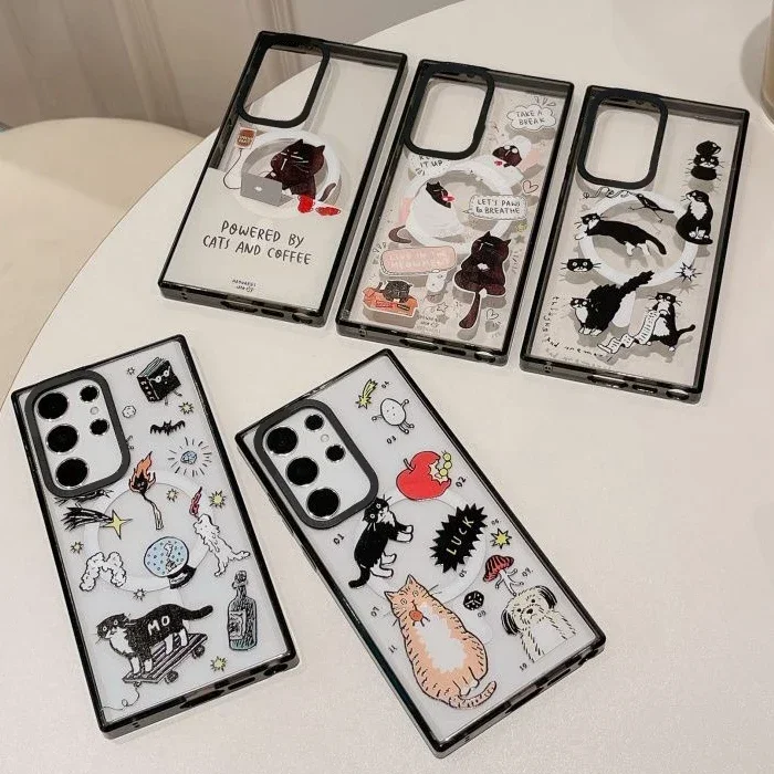 

Funny Cartoon Black Cat MagSafe Acrylic Black Border Case for Samsung Galaxy S22 S23 S24 Ultra S23+ S24 Plus Protective Shell