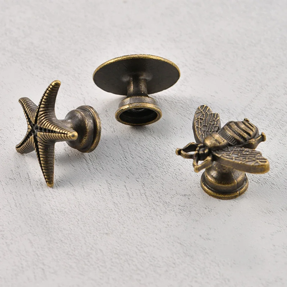 Antique Bronze Knobs w/screws Antique Bronze Creative Starfish Bee Round Pull Handle Single Hole 27mm Jewelry Box Cabinet 5pcs