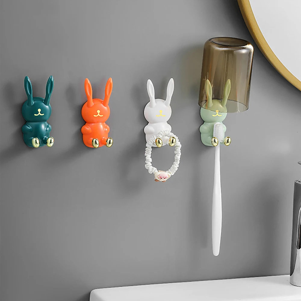 Toothbrush Holder Cartoon Rabbit shaped Wall Mounted Traceless Hook Multifunctional Storage Bathroom Kitchen 1pcs
