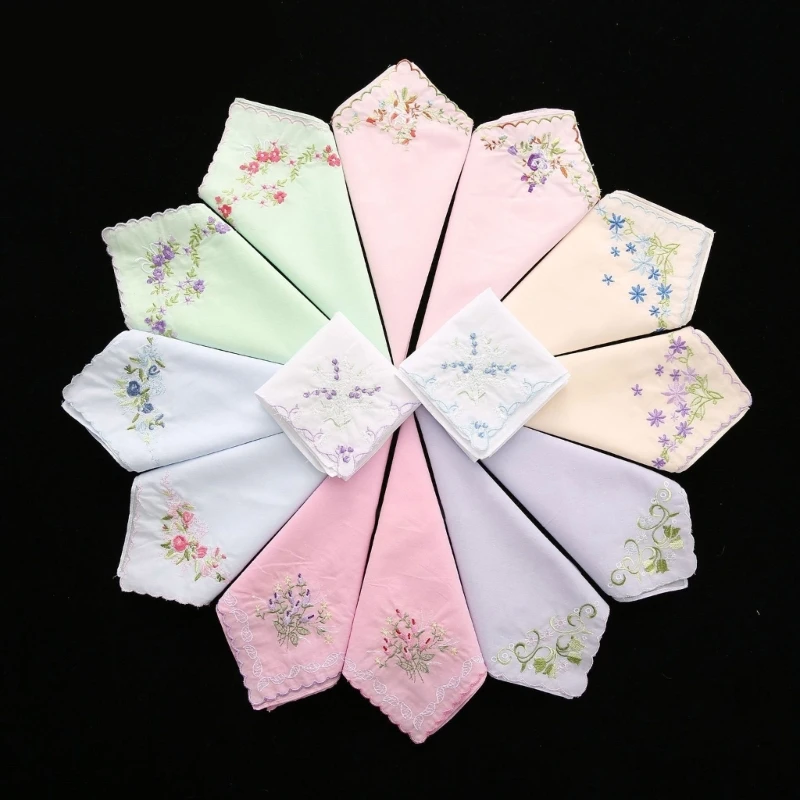 1 Pc 28cm Colorful White Lace Embroidered Handkerchief Floral Pattern Cotton Square Towel Wedding Party Hanky Random Color