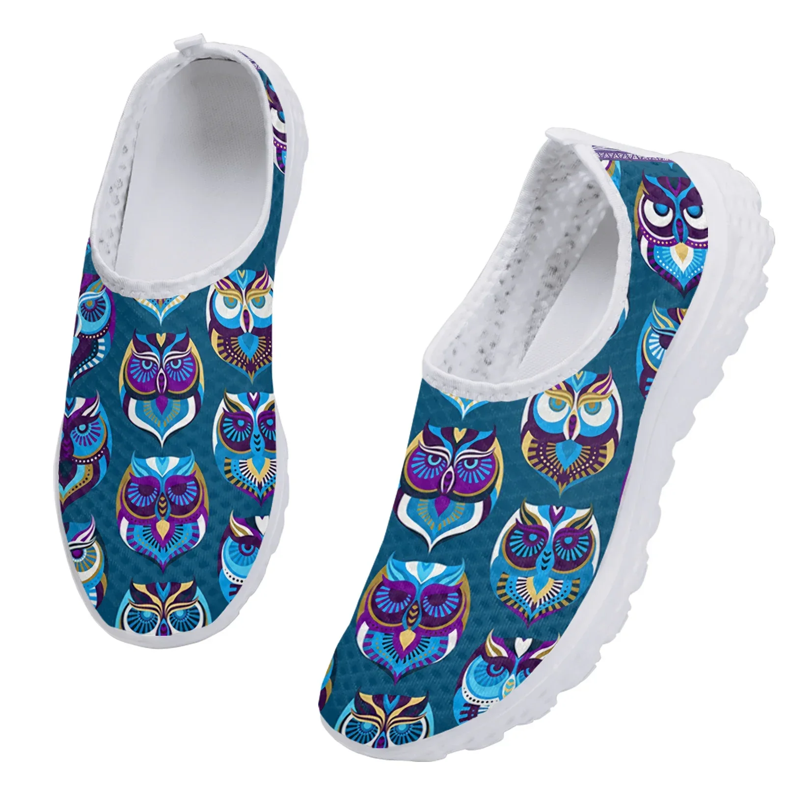 Fashion Rainbow Gradient Color Owl Design Summer Breathable Shoes Trendy Light Outdoor Slip On Sneakers Flats