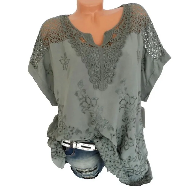 Women's Hollow Out Floral Blouse Sexy Shirts Casual Loose Short Sleeve Summer Women's Tops White Female Clothing 28299