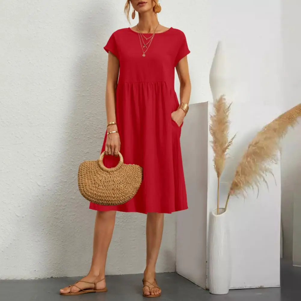 

Loose Cut Dress Stylish Knee Length A-line Dress with Pleated Short Sleeves Side Pockets Loose Hem for Wear Vacation Beach