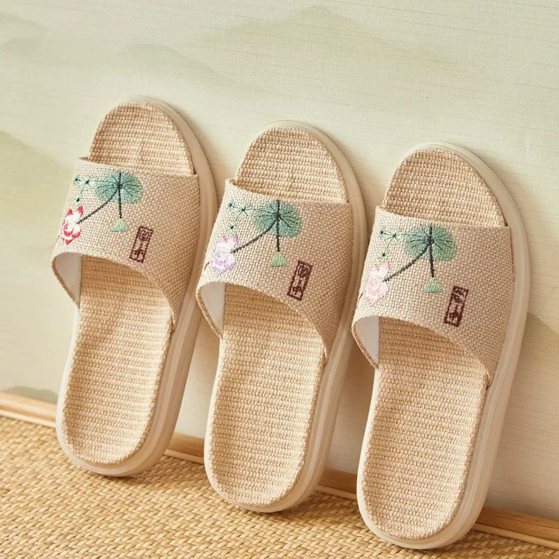 Flax cotton and linen slippers women open thick-soled embroidery couple home slippers