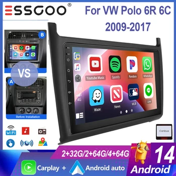 ESSGOO Pantalla táctil de 9 pulgadas Carplay inalámbrico Android Auto Radio de coche Reproductor multimedia Navegación GPS WIFI SWC BT FM RDS Para VW Polo 6R 6C 2009-2017 Android14 Mirror Link Pantalla dividida 32G/64G 1