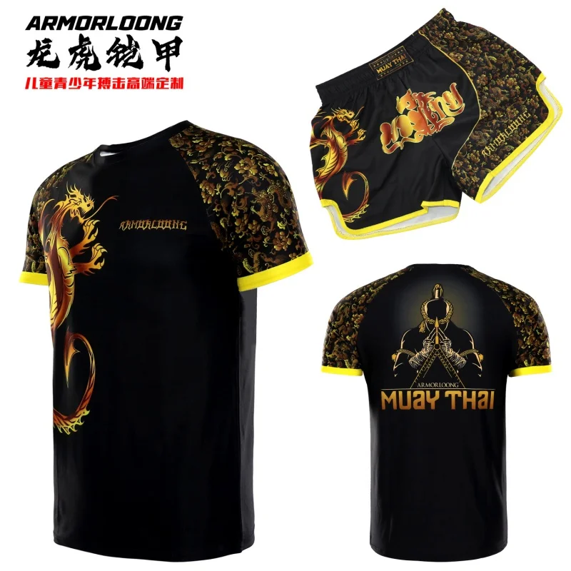 Muay Thai Short-Sleeved T-shirt Boxing Suit Sports Comprehensive Fighting Training MMA Shorts Children's Golden Dragon Suit