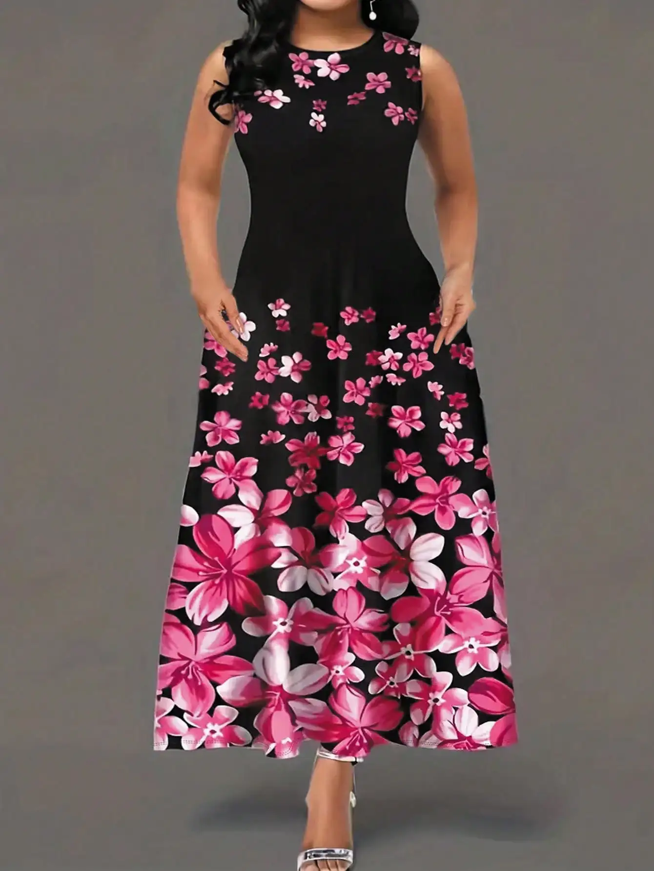 فستان نسائي طويل مزين بالزهور بمقاس كبير، فستان طويل بدون أكمام ورقبة دائرية مع جيوب للحفلات المسائية غير الرسمية