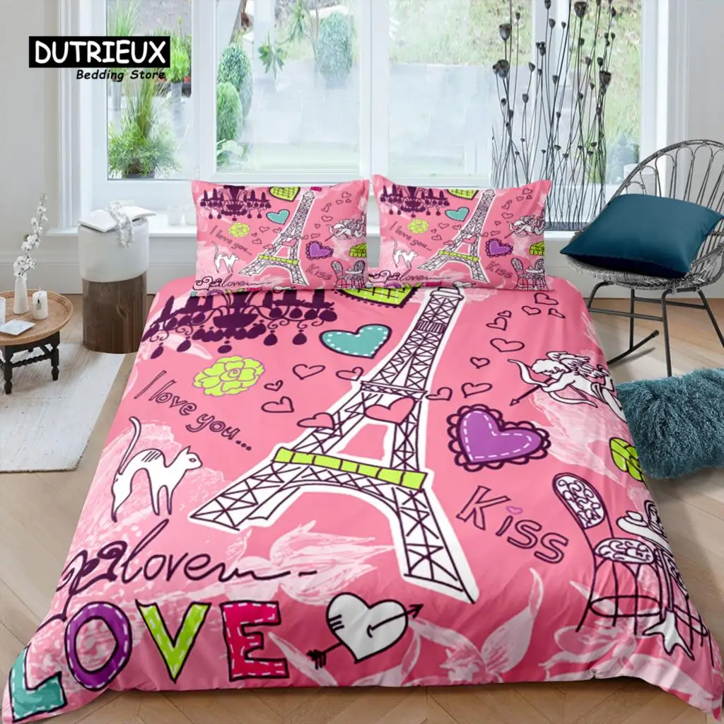 

Home Living Luxury 3D Pink Paris Bedding Set Girl Duvet Cover Set Pillowcase Kids Bedding Set Queen and King EU/US/AU/UK Size