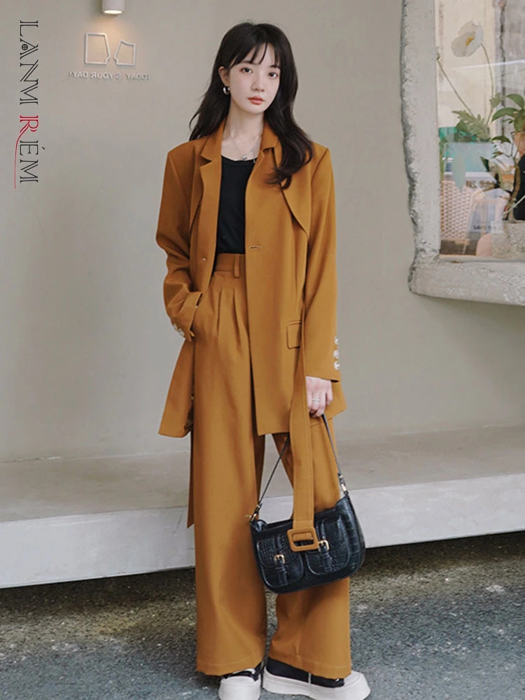 LANMREM Two Pieces Sets for Women 2022 Spring Female Solid Color Single Button Adjusted Waist Top Loose Wide Leg Pants Set2J1340 elegant pant suits