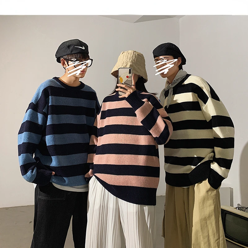 Striped Men's Sweater Autumn Men's Pullover Harajuku Street Dress Sweater Green Striped Sweater for Men and Women Couples Anime