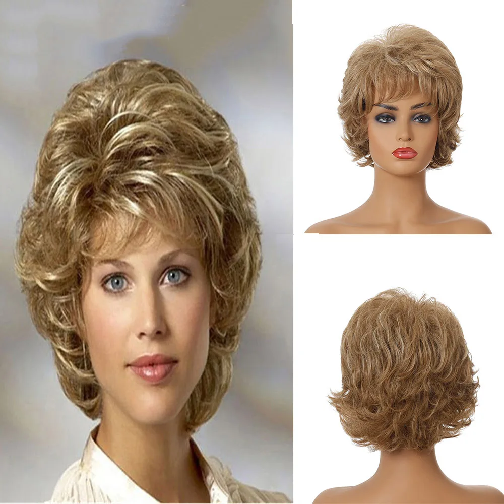 Short Synthetic Wigs For Women Blonde Brown Curly Wig With Bangs Natural Looking Wig Costume Family Party Daily Use