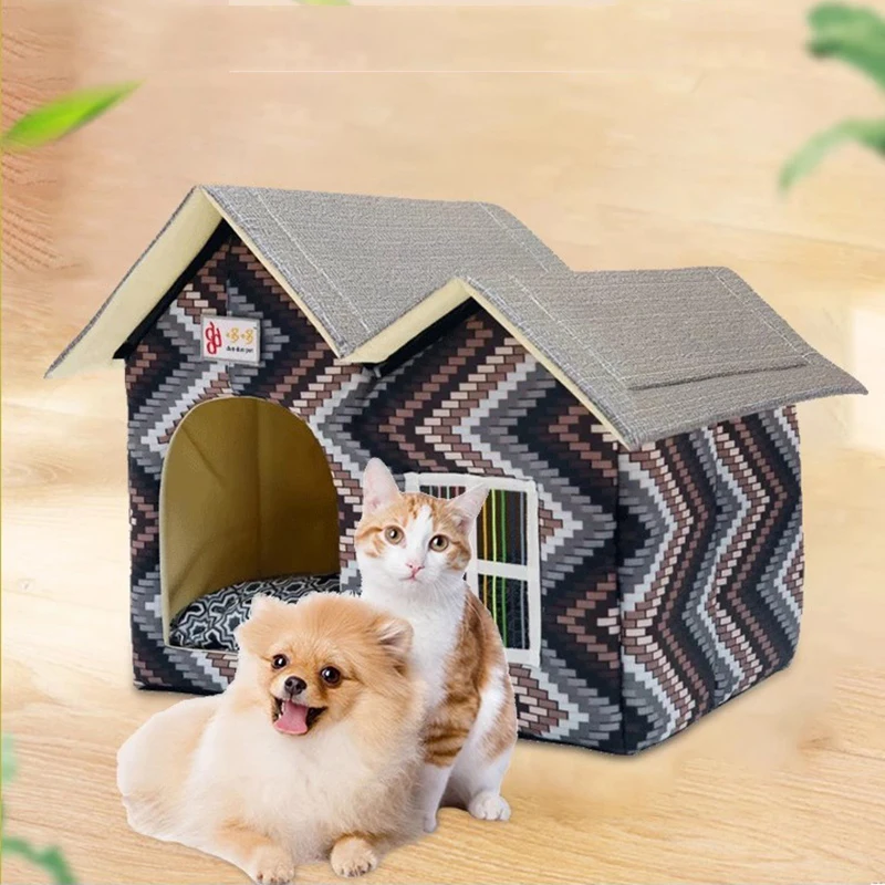 

Roof Fleece Winter Pet House For Small Dog Indoor Warm Puppy Animal Little Kitten Cats Home Kennel With Bed Cushion Mats Product