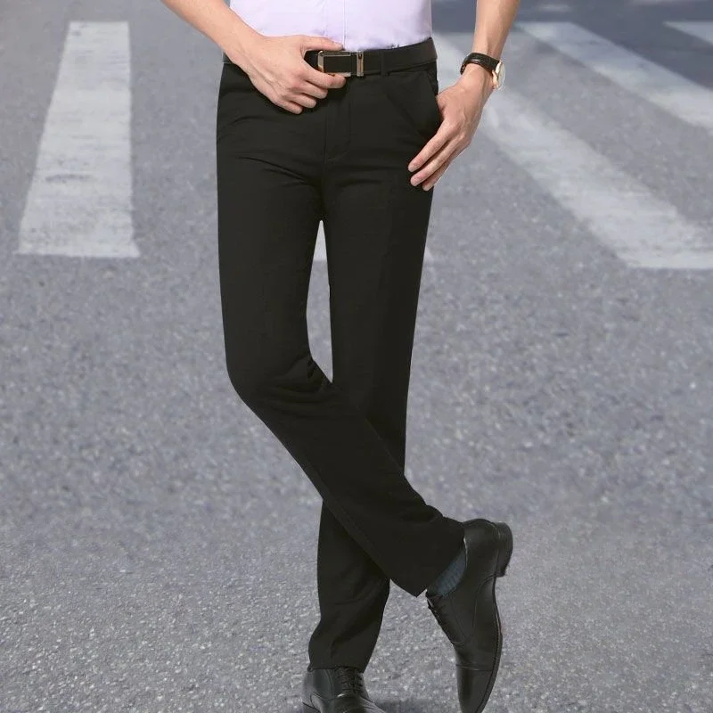 thumbnail image 1 of Pantalones de traje elásticos de negocios fluidos con cintura elástica para hombre, pantalones de verano ajustados y drapeados con cinturón para hombre, sastrería social elástica, 1 of 5