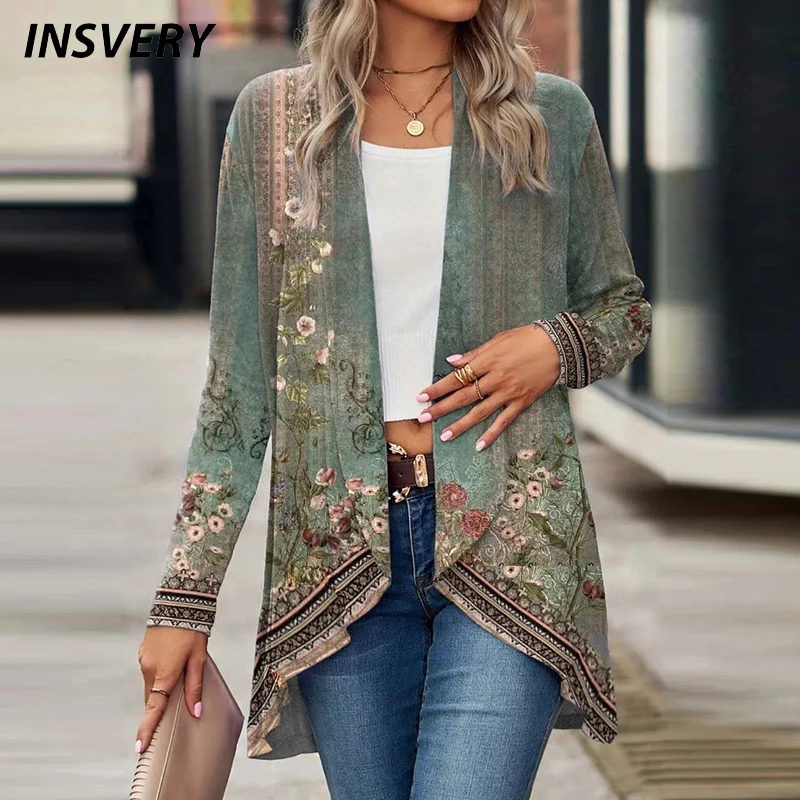 Vintage Print Jackets For Women Autumn Floral Print Cardigan Women Long Sleeve Loose Outerwear Coat 2023