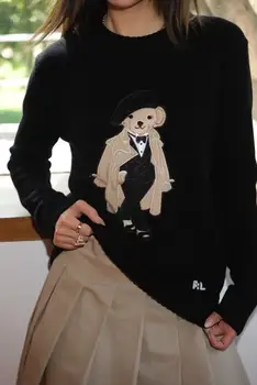 Autumn Winter Preppy Cartoon Bear Embroidered Cashmere Sweater Women's O-Neck Long Sleeved Wool Knitted Pullover Sweet Knitwear 1