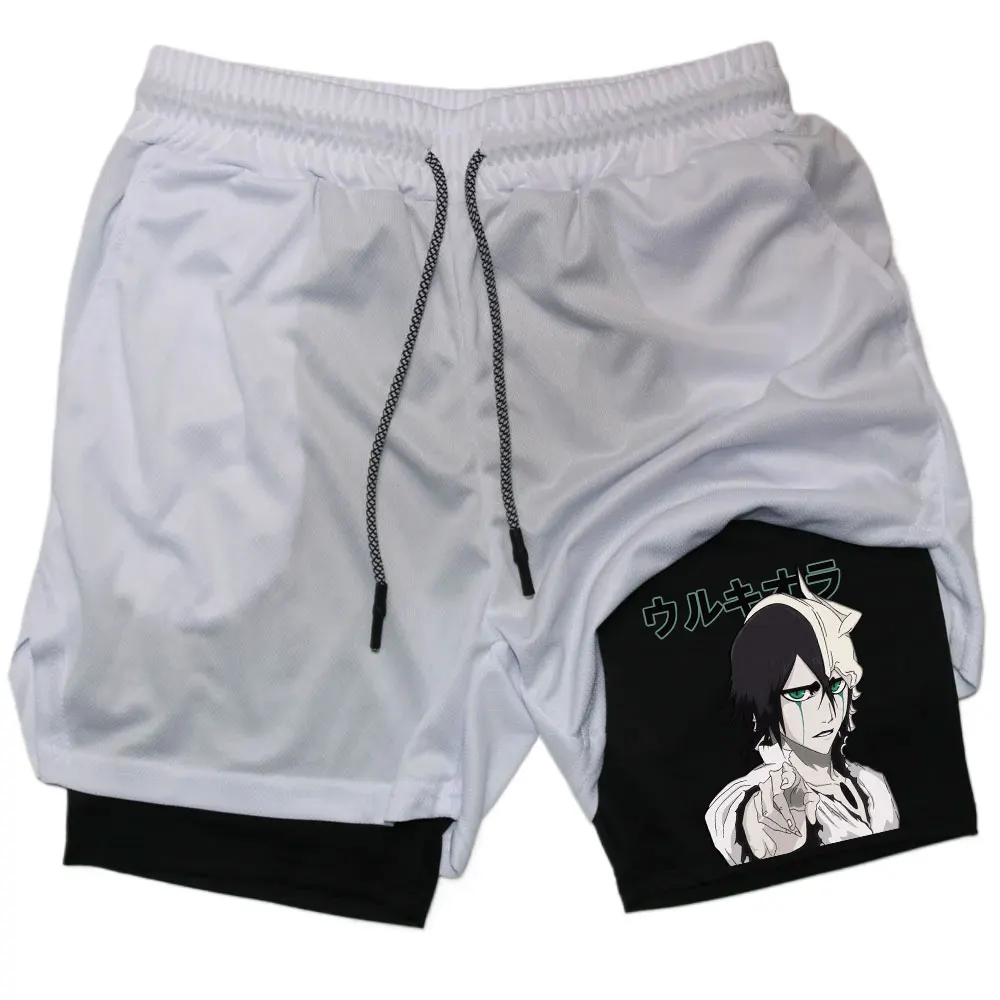 Anime Bleach 2-in-1 Gym Performance Short Mens Athletic Compression Shorts Quick Dry Stretch Workout Fitness Running Sportwear 2