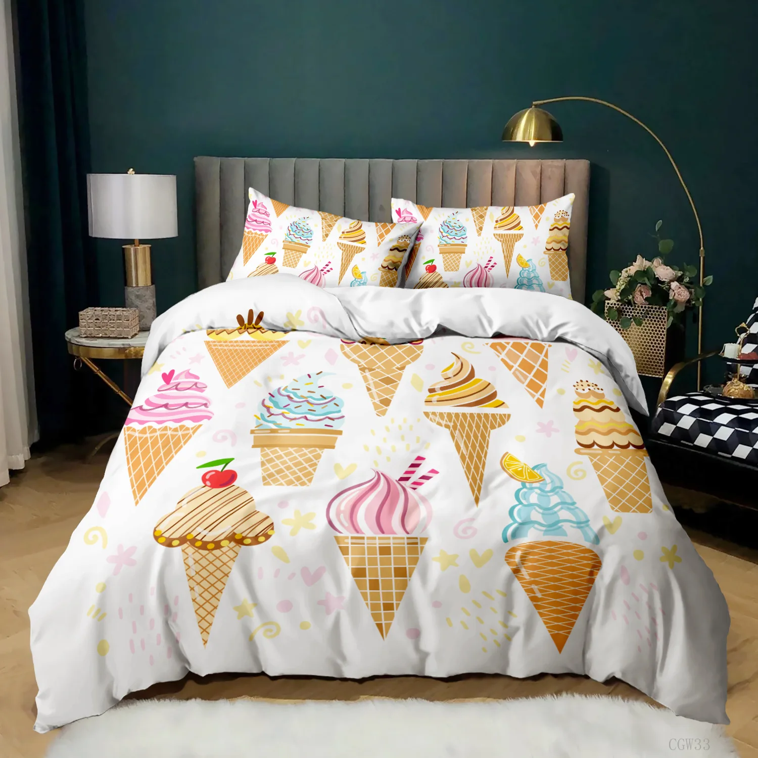 

Ice Cream Duvet Cover Set Colorful Ice Cream Sweet Style Bedding Set for Kids Girl Microfiber Summer Queen King Size Quilt Cover