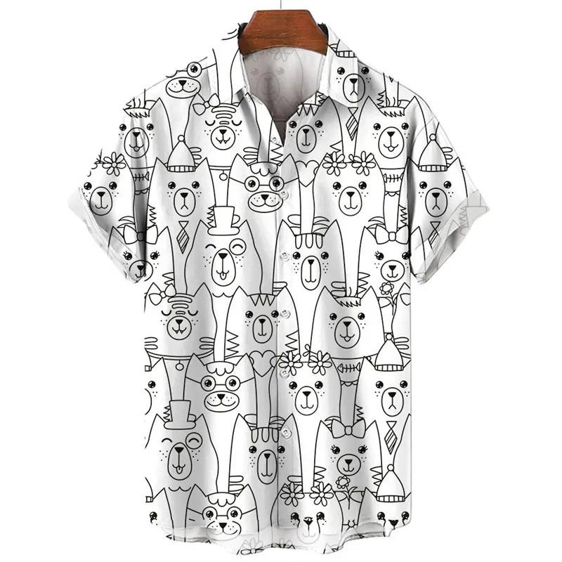 thumbnail image 1 of Camisa con estampado de gato de dibujos animados en 3D para hombre, cómoda, de verano, de manga corta, informal, holgada, de secado rápido, hawaiana, 1 of 5