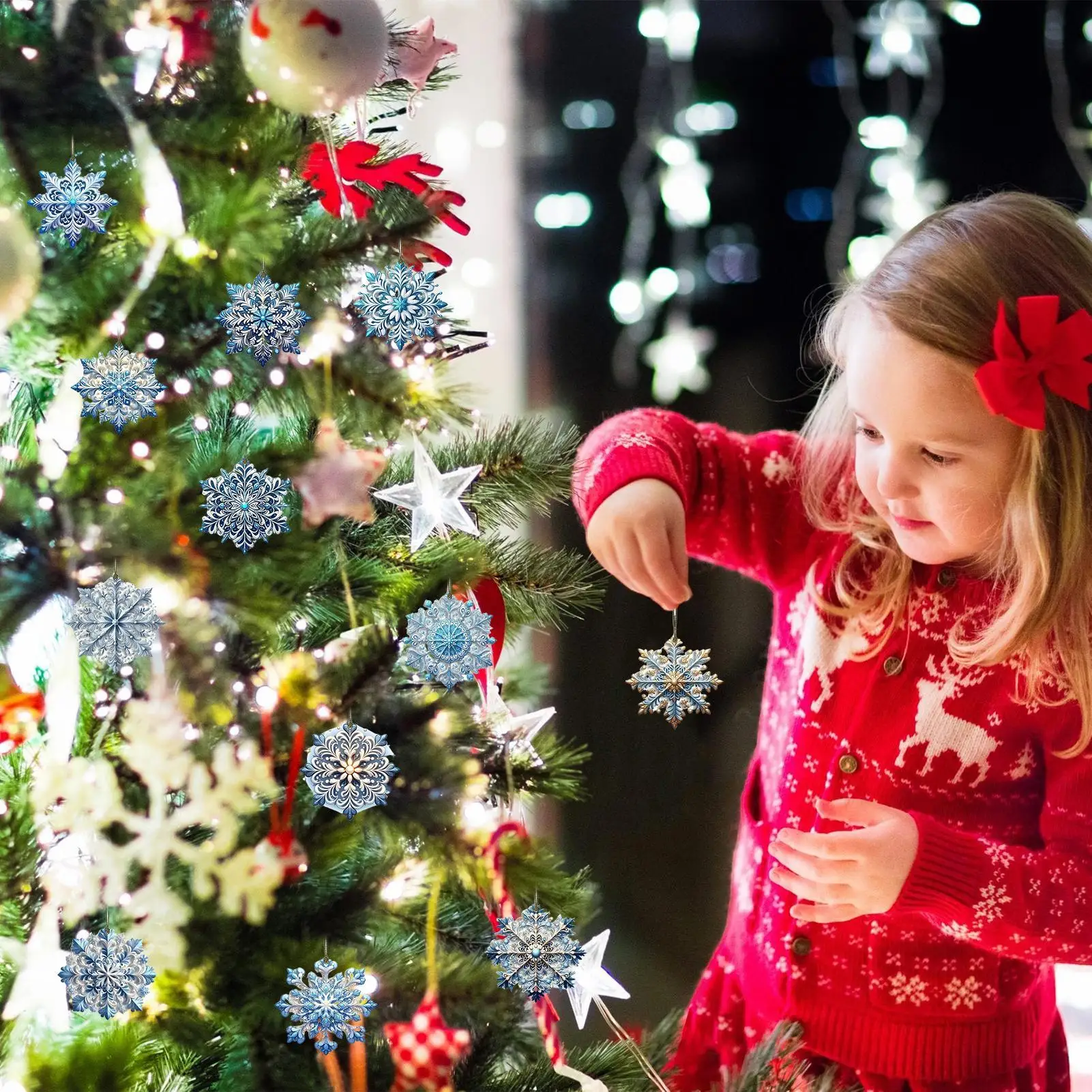 Snowflake Decor 24Pcs Blue Pendant Double-Sided 2D Christmas Snowflake Decoration with Hook for Winter Window Wall Decoration