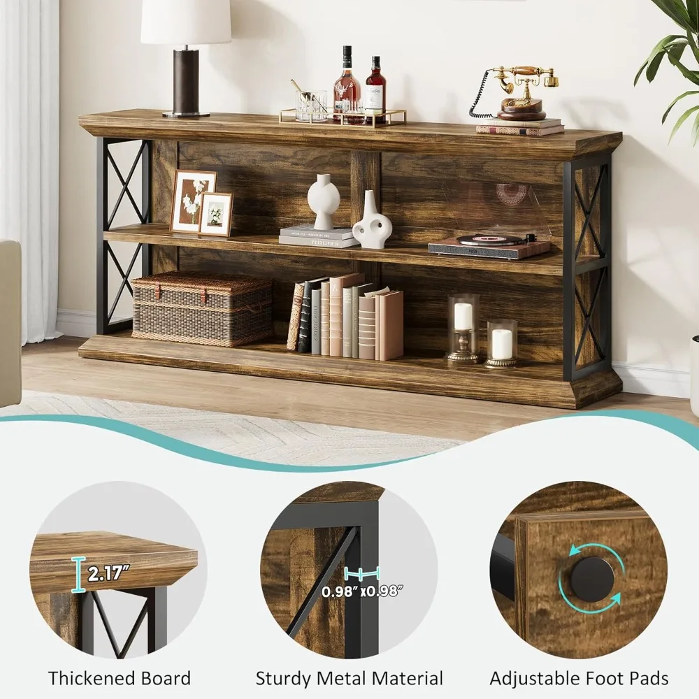 63 Inch Long Console Table with 3-Tier Storage, Industrial Wooden Sofa Table for Living Room Entryway