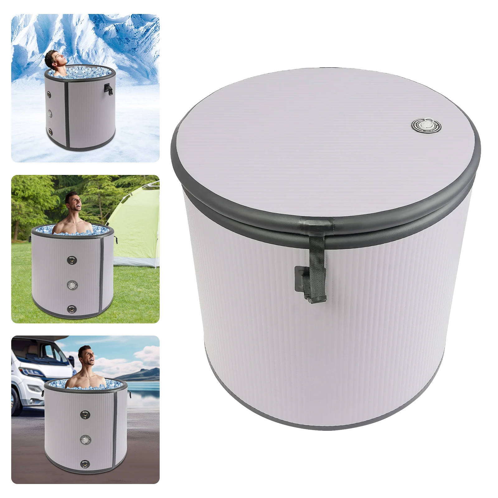 Portable PVC Ice Bathtub,380L Grey Round Inflatable Cold Bathtub Freestanding 90*76cm for Bathroom,Shower Room