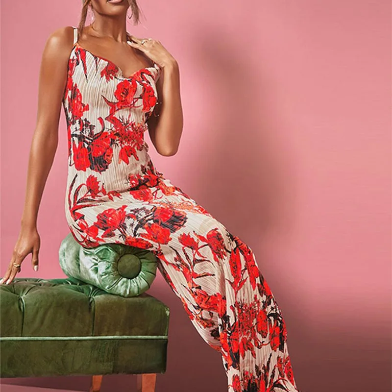 

Dresses For Women 2023 Summer Eleagnt Tie-dyed Printed Pleated Maxi Camisole Sling Printting Backless Dress Lady Outwear Vestido