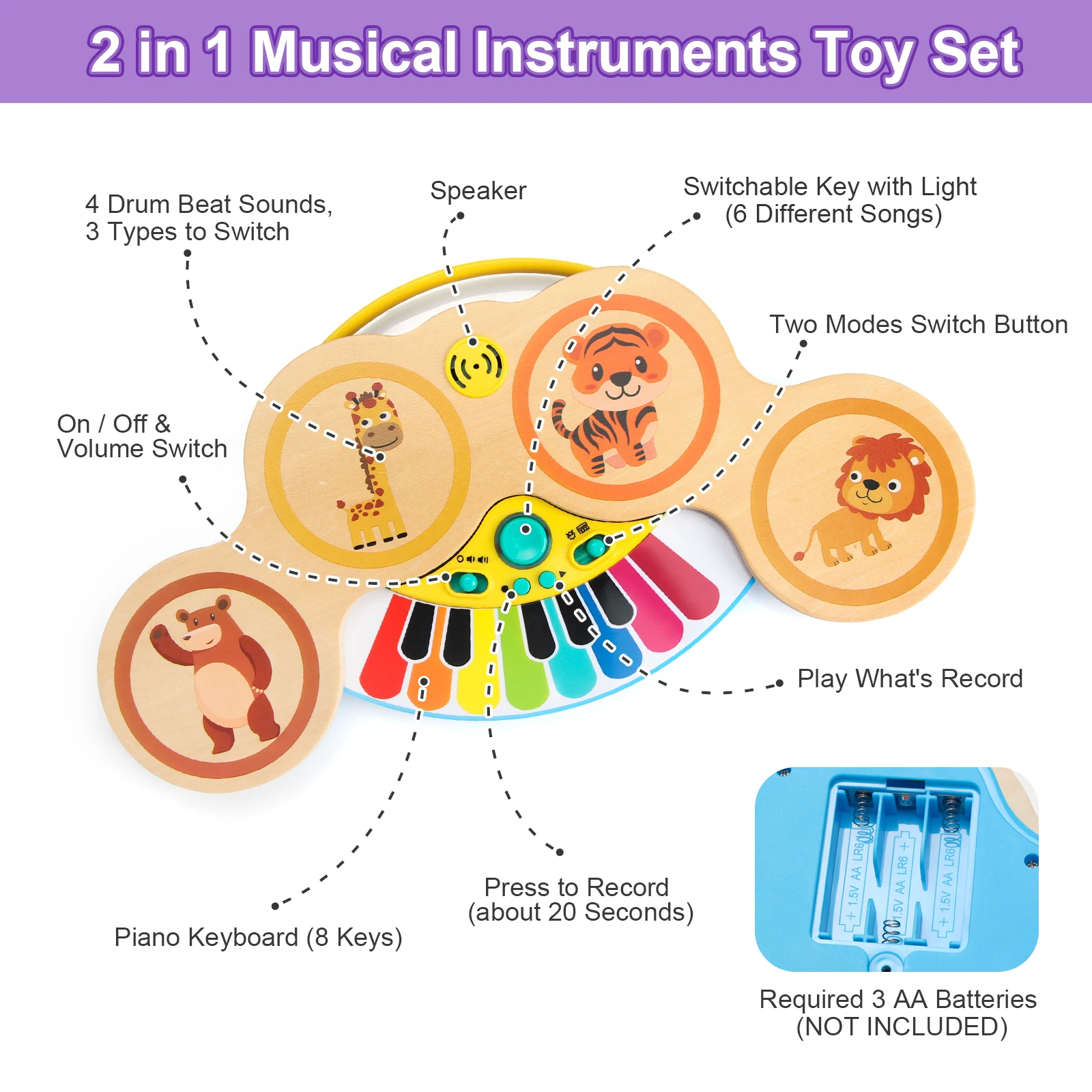 Wooden 2in1 Keyboard Piano Clapping Drum with Music & Light Cartoon Animals Music Toys Educational Toys for 12 months Baby Gifts 2