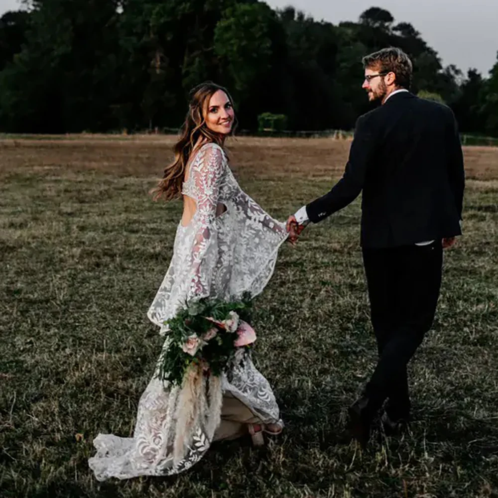 Boho Long Batwing Sleeves Lace Wedding Dress Drop Ship Customized Mermaid Rustic Beach 2026 Square Neck Open Back Bridal Gowns