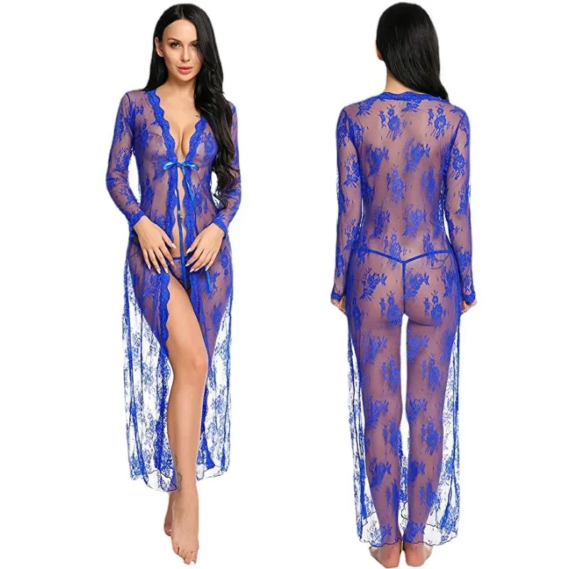 Lace Mesh Transparent Robe Nightgown women dress women sleepwear Women's Deep V-Neck Home Ultrathin Nightgown