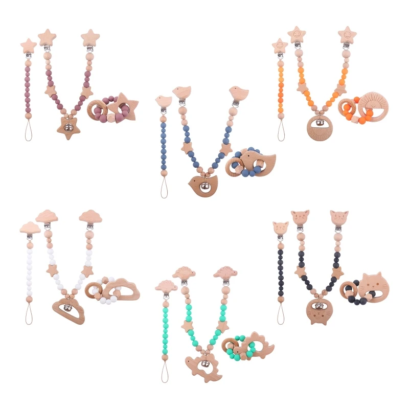 

3 Pcs/Set Baby Stroller Pendants Pacifier Chain Pram Clip with Silicone Beads Infants Wooden Teether Bracelet Rattle 1560