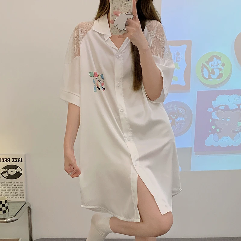 Casual Women Soft Satin Sleepwear Nightgown Loose Body Silk Nightwear Lace Patchwork Nightdress Wild Sleepshirt New Nighties